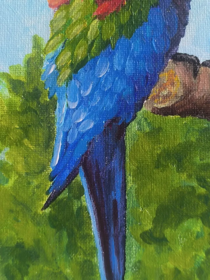 Set of three bird paintings. Toucan painting, Blue sialia painting, Parrot painting, Acrylic painting, Bright birds.