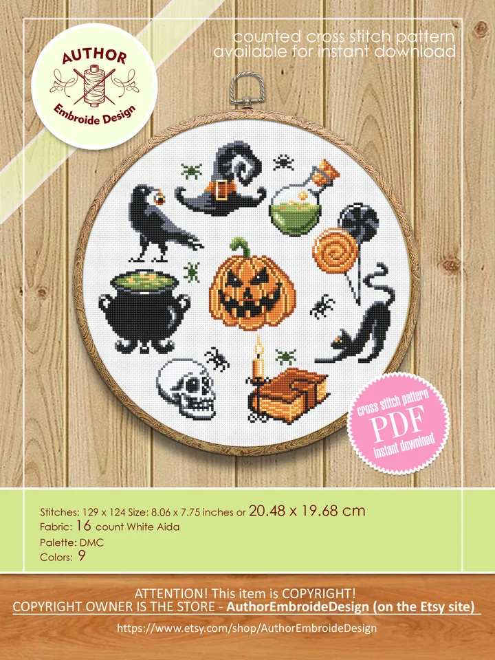 Halloween cross stitch pattern download PDF Beginner stitch Magic horror cross stitch Witch black cat stitch chart Halloween embroidery #H30
