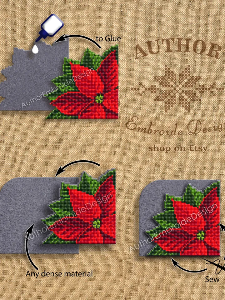 Poinsettia Corner bookmark cross stitch pattern PDF download Christmas flower cross stitch chart, Christmas bookmark pattern digital #B392