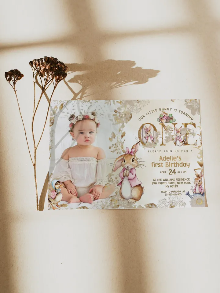 Editable and Printable Invitation template for 1st Baby Birthday party in Peter Rabbit style instant download and unlimited access pr777