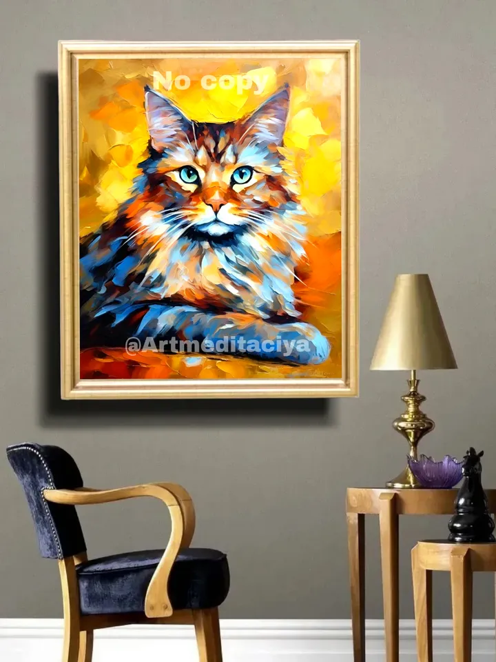 Digital abstract textural modern painting "Fluffy gray-red cat with turquoise eyes" on an abstract orange-yellow background in the style of pasty oil painting with a palette knife, impasto