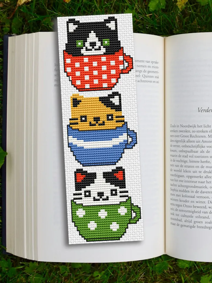 Cross stitch bookmark pattern Kittens in a Cup