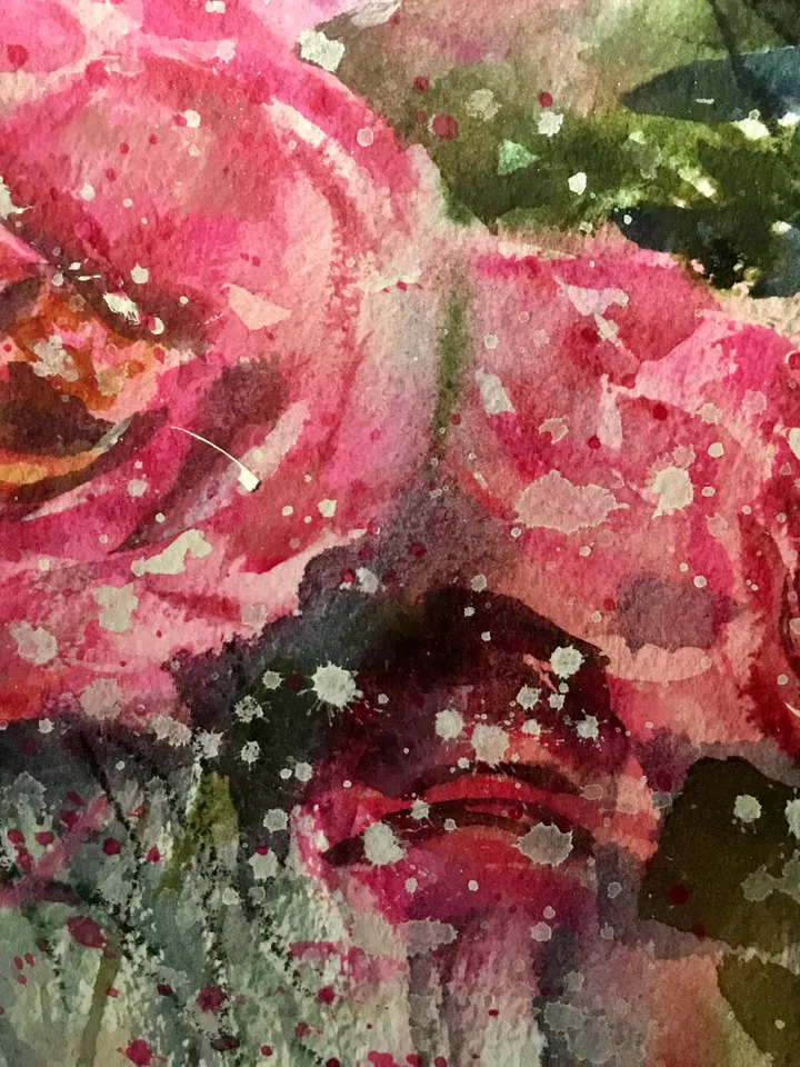 Roses garden poster from original watercolor,flowers painting,bouquet of pink and yellow roses,wall hanging,floral home decoration gift.