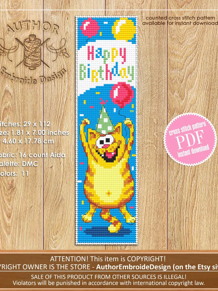 Birthday bookmark cross stitch pattern PDF download Funny cat cross stitch chart, Cat bookmark pattern digital PDF, Happy birthday #B458