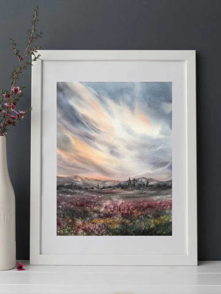 Field Painting Original Watercolor Painting Sunset Painting Landscape Wall Art Sky Painting