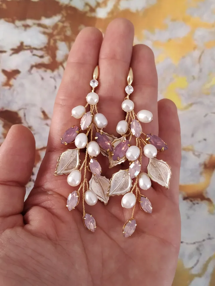 Freshwater pearl Purple Opal Wedding Headband and Earrings Jewelry Set, Grecian Style Laurel Bridal Tiara, Gold Wedding Crown, Boho Jewelry