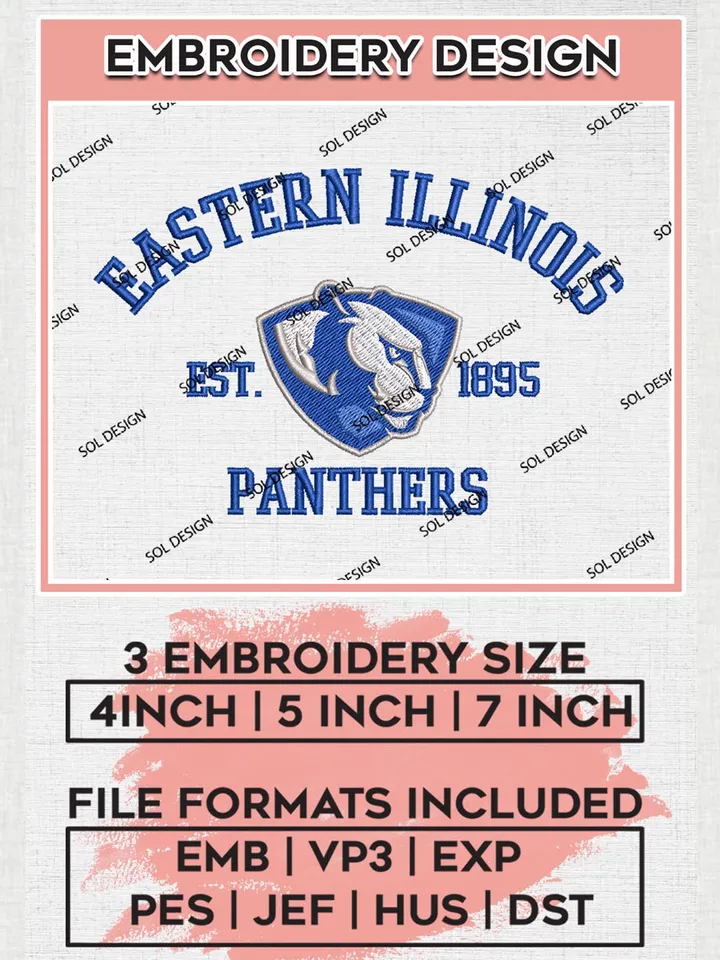 Eastern Illinois Panthers Est 1895 Embroidery Designs, NCAA Eastern Illinois Panthers Team Embroidery, NCAA Team Logo, 3 sizes, Machine embroidery Files, Digital Download