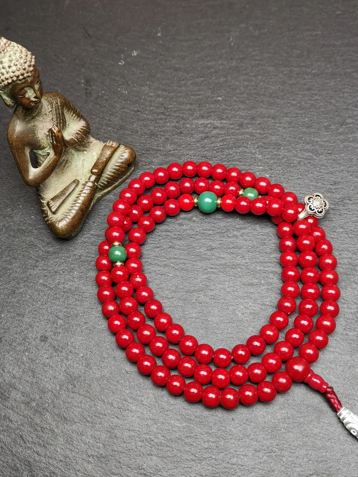 Gandhanra Old Tibeatan Red Glass Mala,8mm Prayer Beads with Turquoise Beads Silver Dzi Bead