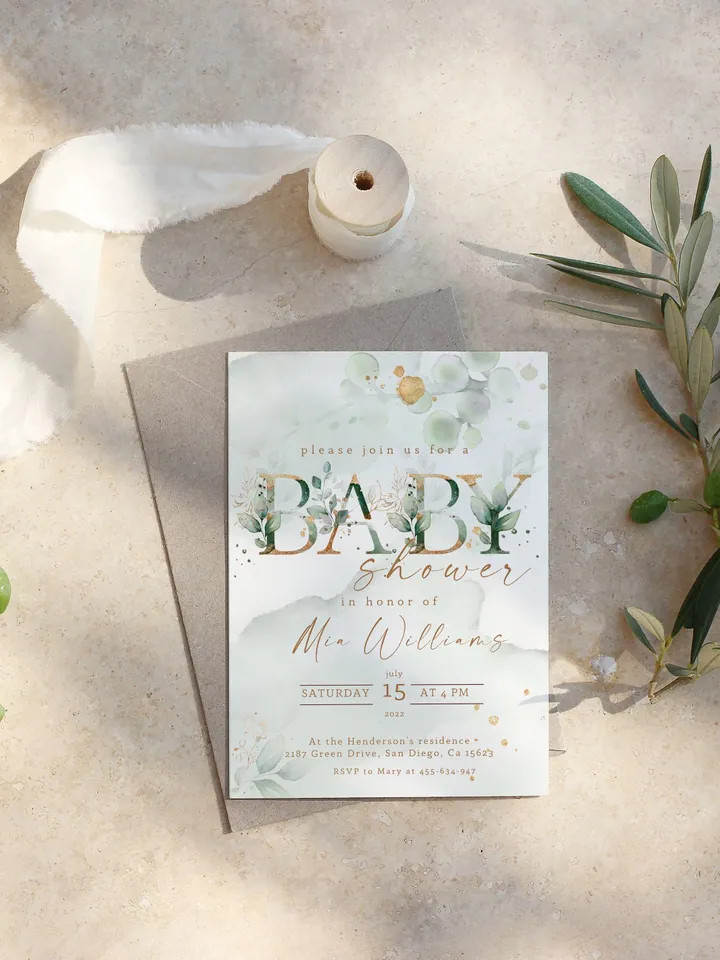 Greenery Baby Shower Invitation Template; Botanical Baby Shower; Green Gold Leaves Baby Shower Invite; Eucalyptus Baby Shower original