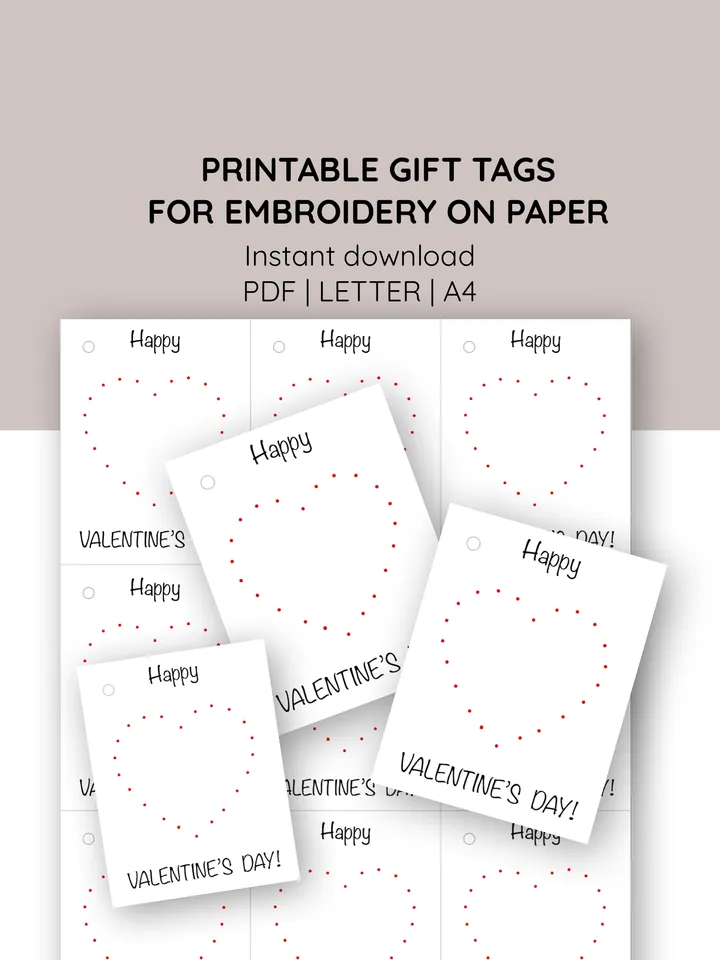 Printable handmade gift tags. Valentine day cards DIY tags with heart to embroidery. Yarn kids craft. Family activity