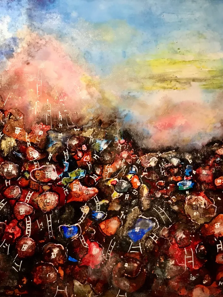 Red town fantasy unique artwork,original alcohol inks mix media painting on heavy yupo paper,fantasy wall art,home decoration.