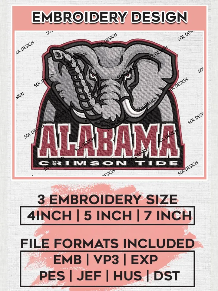 Alabama Crimson Tide NCAA Team Logo Machine Embroidery Design, NCAA Alabama Crimson Tide Embroidery Design Design files, NCAA Team Embroidery Designs, NCAA Machine Embroidery Designs, Digital Download