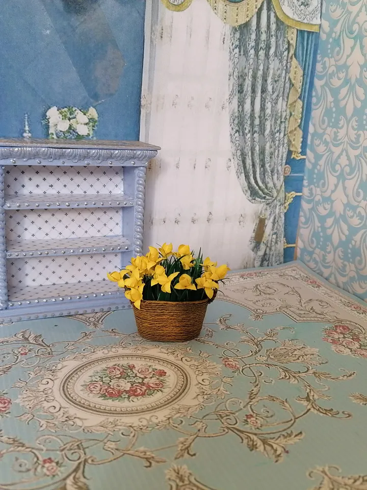 Flowers in a basket. Dollhouse miniature. Handmade. 1:12.