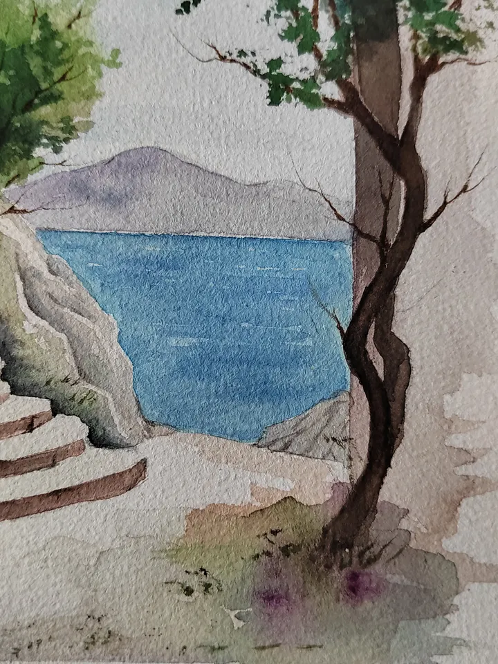 Greek Landscape Artwork Original Watercolor Painting Arch & Grape Vine 8.27x11.42 in by Art Café