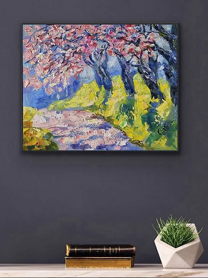 Cherry Blossoms Painting Spring Landscape Original Art Park Alley