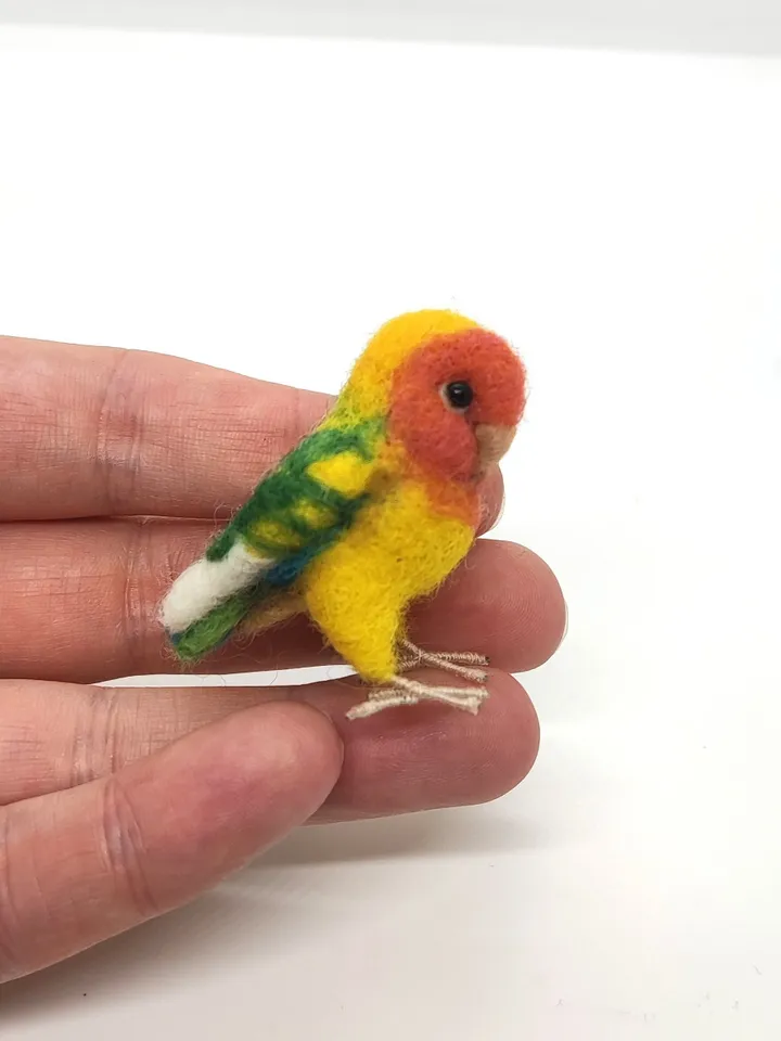 Miniature needle felted lovebird, tiny parakeet, pet portrait, peach faced lovebird, made to order