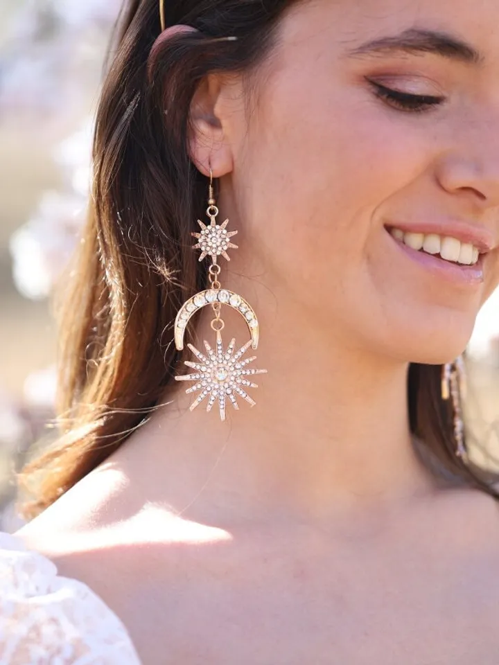 Extra Long Bohemian Bridal Earrings, Celestial Wedding Earrings, Sun Moon Star Earrings, Boho Wedding Jewelry, Statement Wedding Earrings