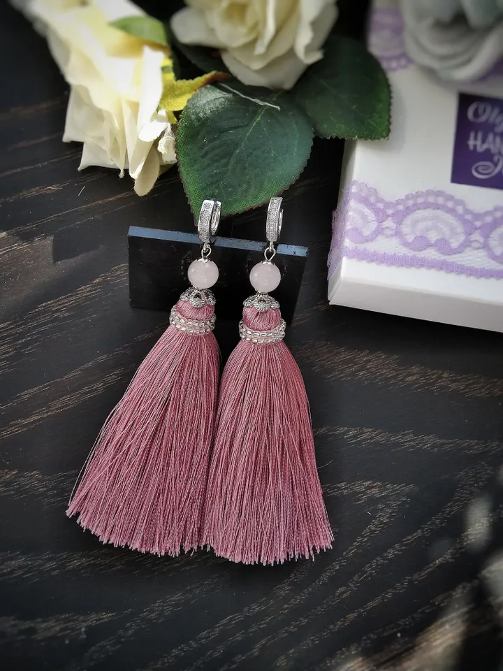 Pink tassel earrings, Long tassel earrings, Bead tassel earrings, tassel hoop earrings, silver tassel earrings, handmade tassel earrings