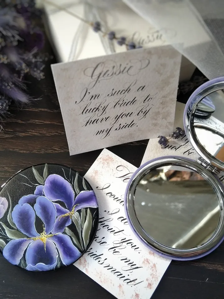 Hand painted mirror Gift for her Small pocket mirror Bridesmaid Mirror Personalized Handheld Compact Makeup bag Bridesmaid gift