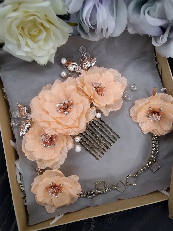 Bridal peach jewellery set for bride Wedding flower comb Bridal flower earrings Hair flower comb Pink flower hair comb Floral hair comb