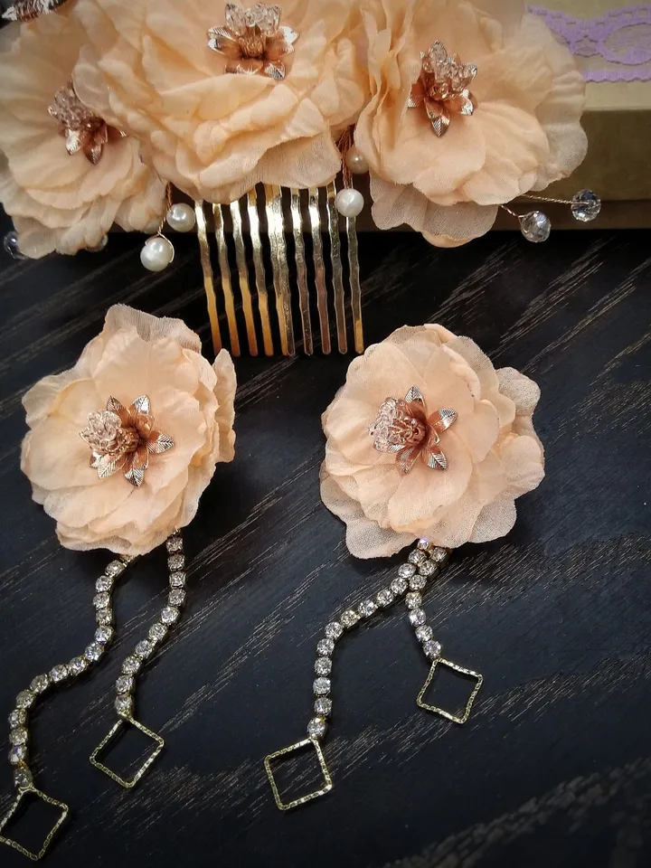 Bridal peach jewellery set for bride Wedding flower comb Bridal flower earrings Hair flower comb Pink flower hair comb Floral hair comb