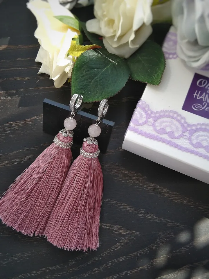 Pink tassel earrings, Long tassel earrings, Bead tassel earrings, tassel hoop earrings, silver tassel earrings, handmade tassel earrings