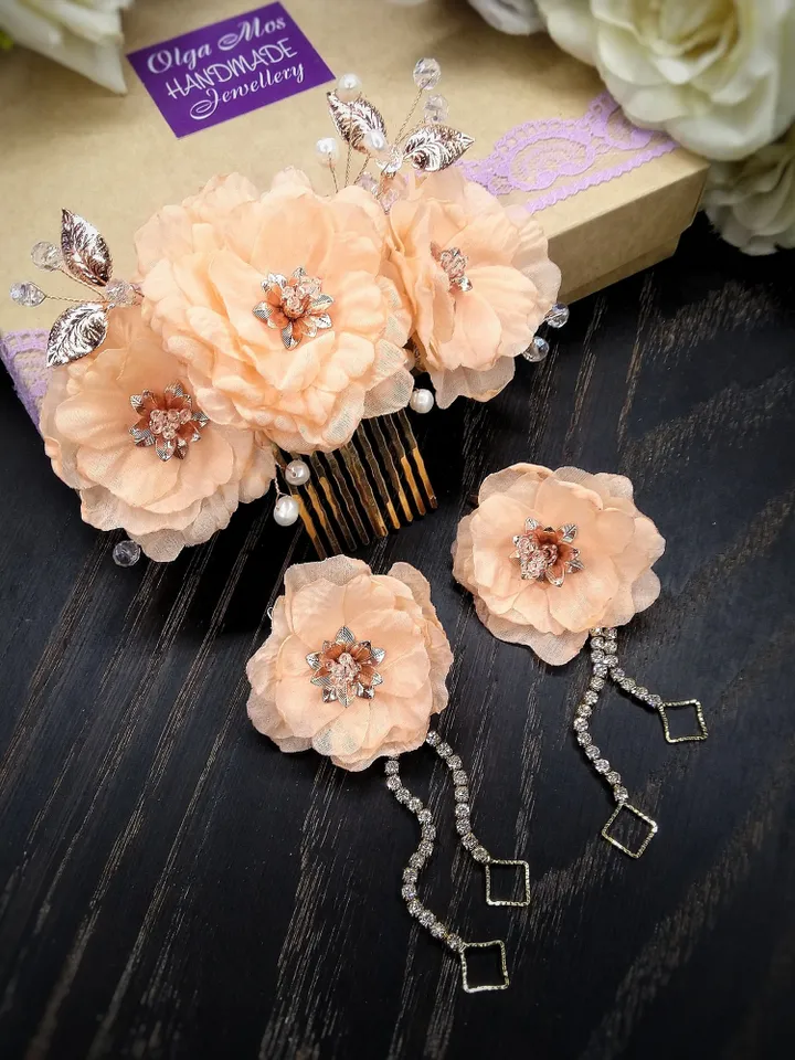 Bridal peach jewellery set for bride Wedding flower comb Bridal flower earrings Hair flower comb Pink flower hair comb Floral hair comb