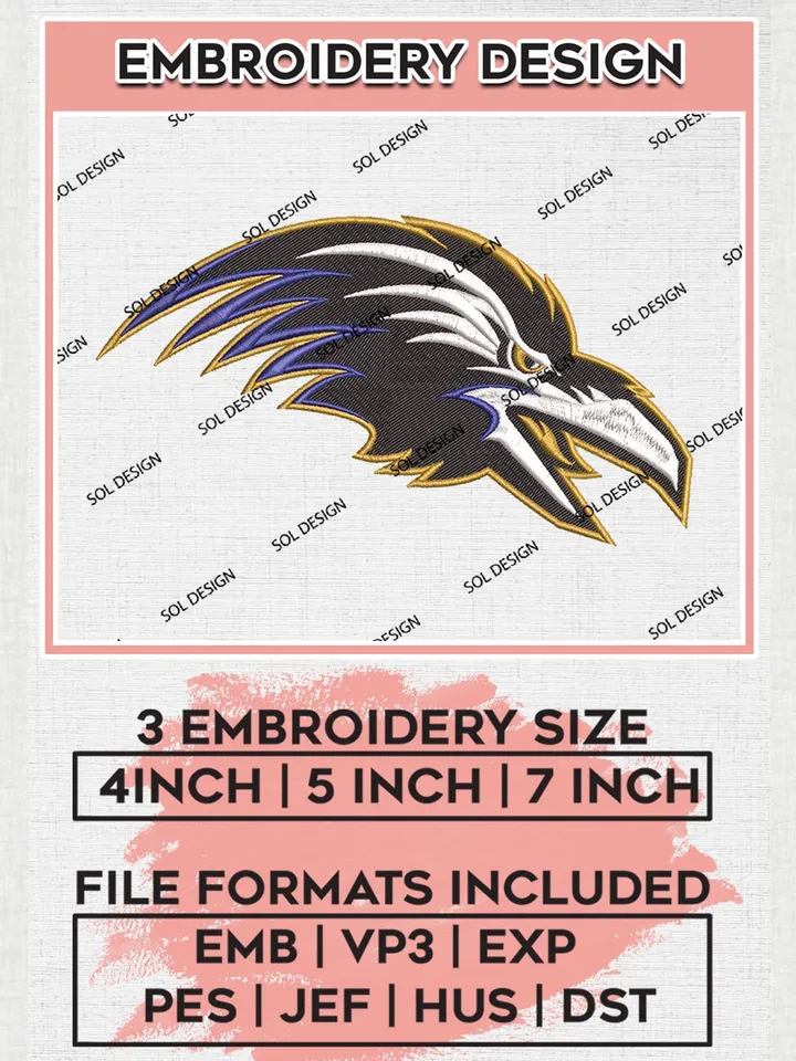 NFL Baltimore Ravens Mascot Embroidery Design Files, NFL Ravens, NFL Embroidery Designs, NFL Baltimore Ravens Machine Embroidery Design, Digital Download