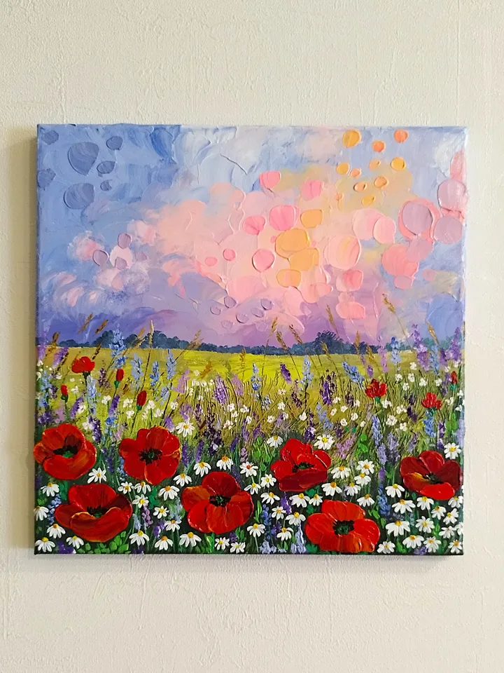 Wildflowers Textured Landscape Painting | Wall Art Decor
