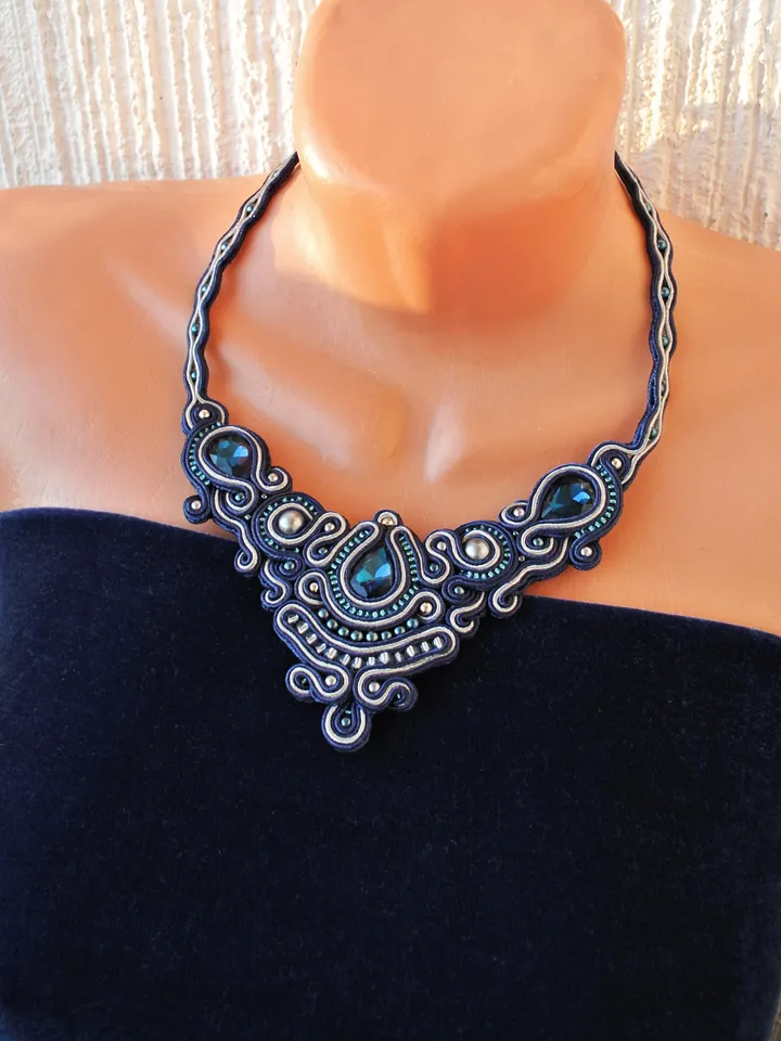 Blue statement necklace, Rhinestone necklace, Soutache embroidered bib necklace