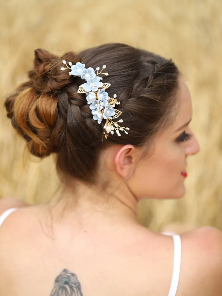 Light Blue Flowers Wedding Hair Comb, Floral Bridal Headband, Leaf Hair Comb, Hair Pins, Headpiece, Wedding Hair Accessories, Jewelry set