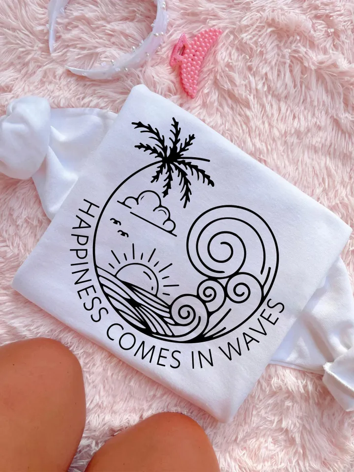 Happiness Comes in Waves SVG, Summer Shirt Svg, Positive Svg, Waves Svg, Beach Svg, Summer Vacay Vibe svg, Png