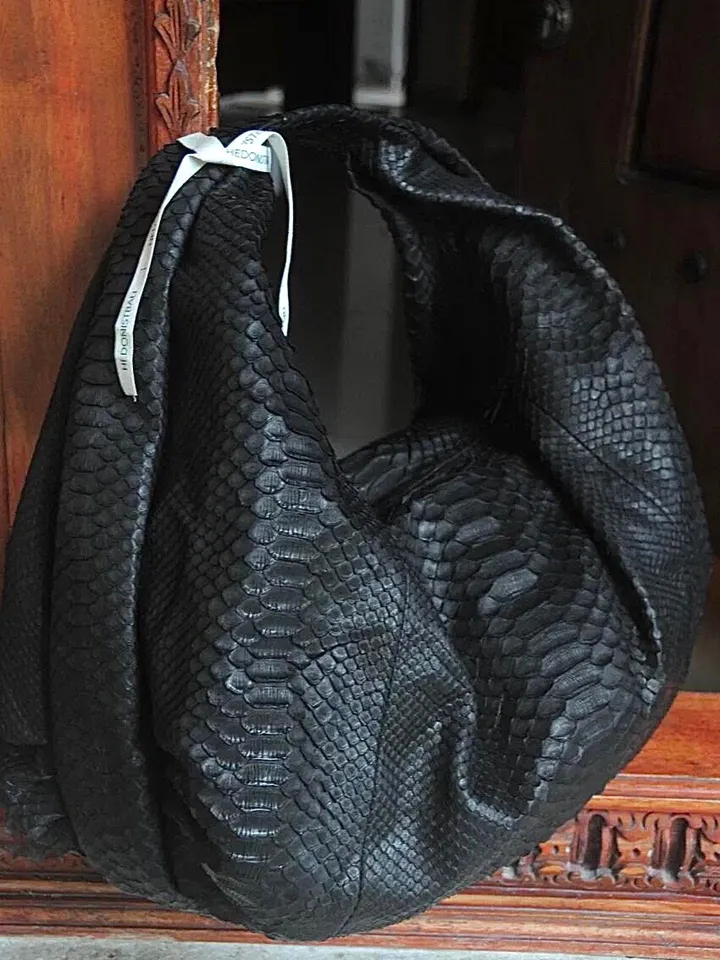 Big Soft Hobo Classy Sport Woman Bag | Purse Genuine Python Skin | Reptile Skin Products | Black Big Elegant Leather Designer Soft Bag Snake