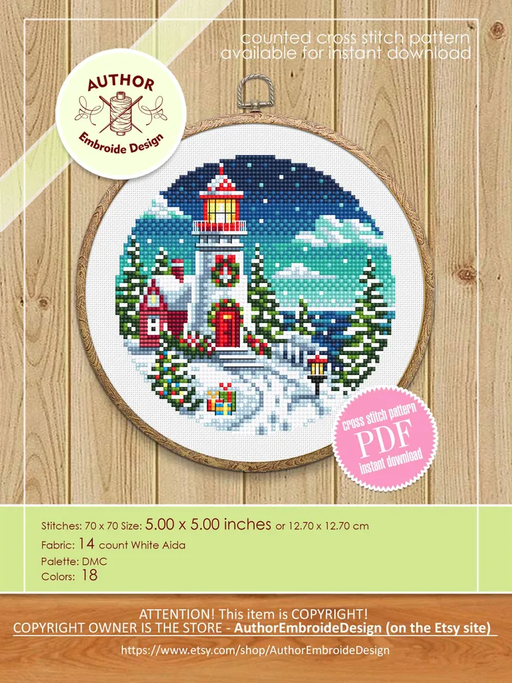 Christmas lighthouse cross stitch pattern PDF download Winter landscape cross stitch chart, Christmas pattern digital PDF Winter house #N186