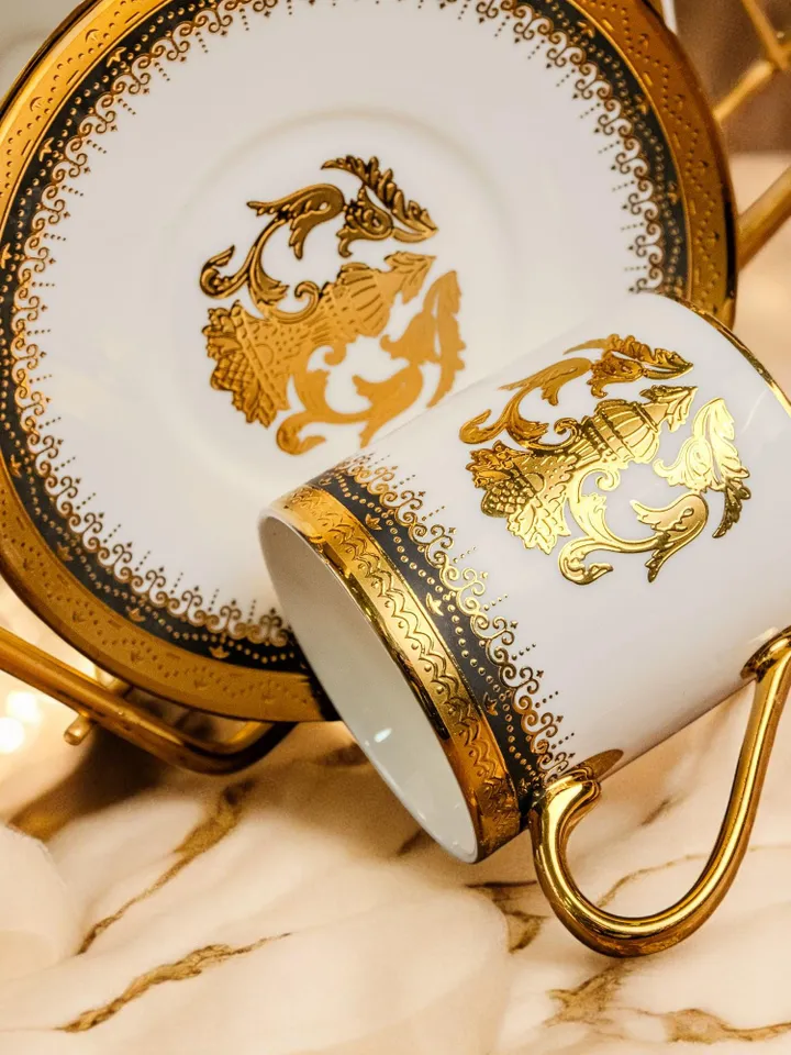 14K Genuine Gold Powder Porcelain Tea Cups And Saucers | Tea Cups Saucers Set | Gold Porcelain Set | Elegant Teaware | Gift For Tea Lovers