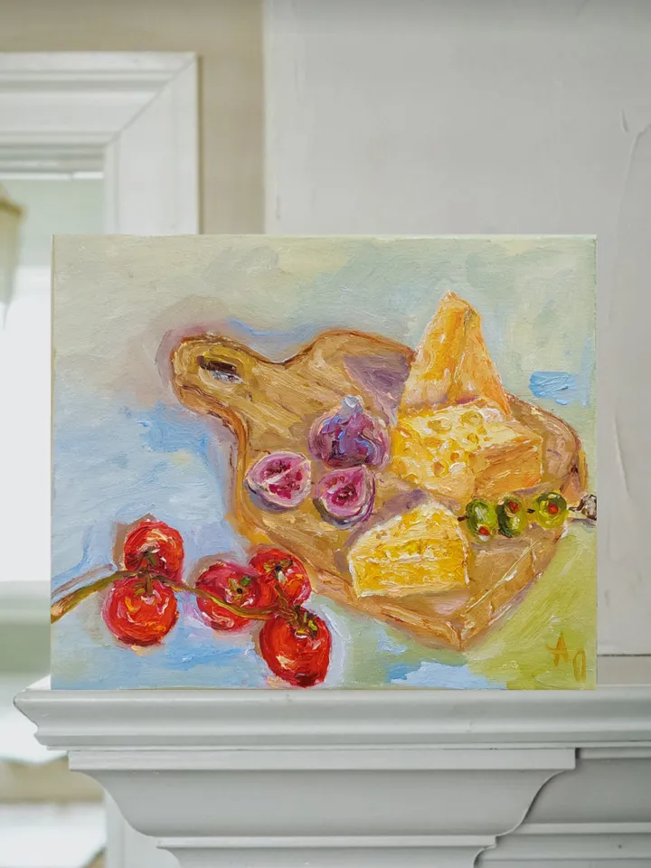 Oil painting on canvas "Still life with cheese" 25x20cm (10x8inch)