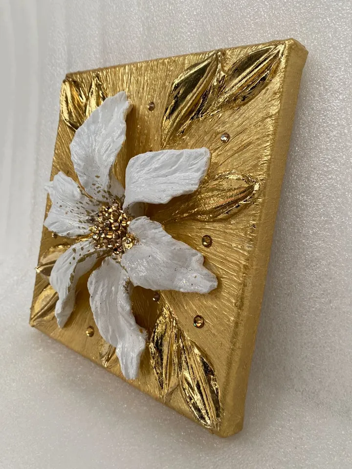 White and Gold Flower art Lily Textured artwork Floral painting by Juliya JC