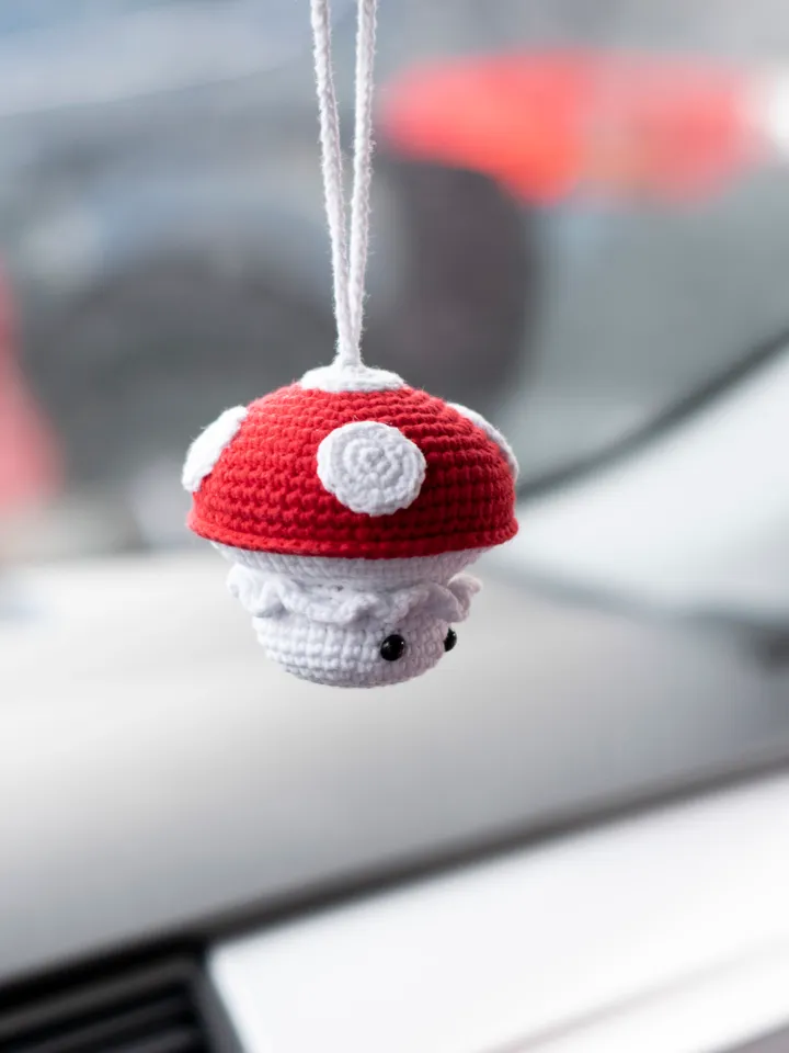 Red mushroom car hanging accessories for women, rear view mirror charm, stuffed mushroom cute car pendant