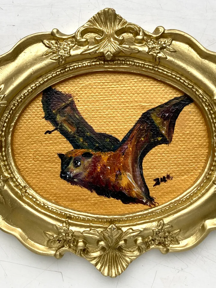 Fox Bat Painting Original Framed Small Oil Painting Gold Frame Goth Art