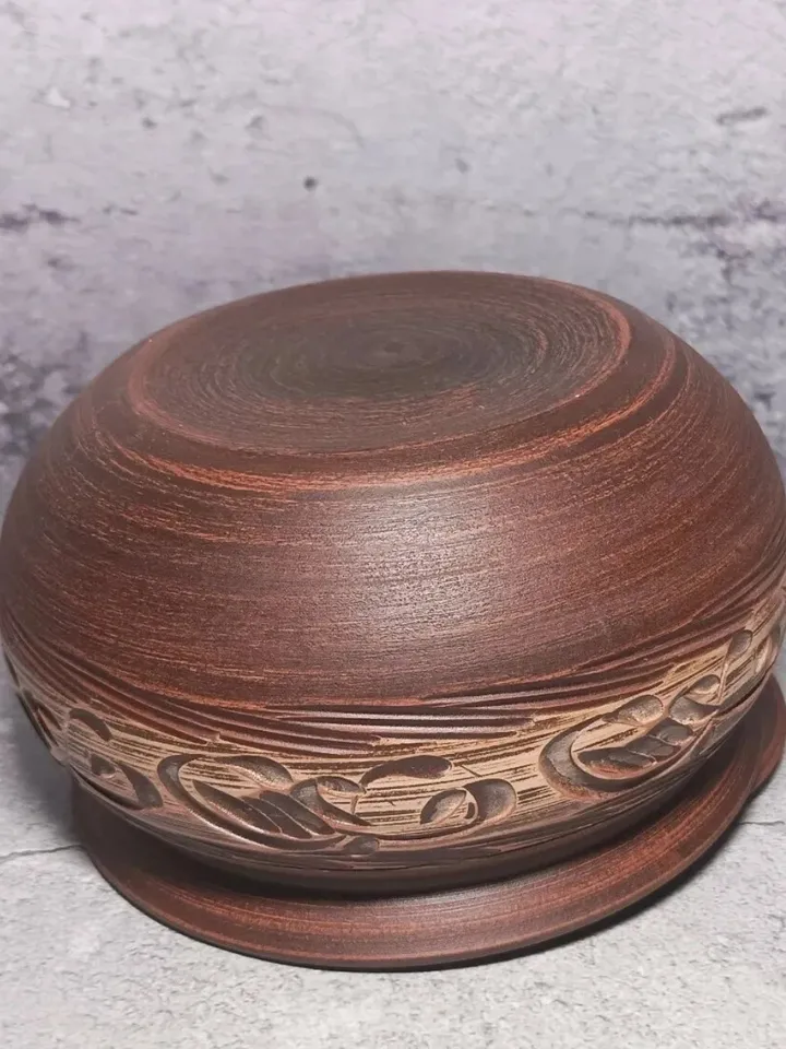 Pottery casserole. Handmade from red clay, carved pattern. Eco-friendly product