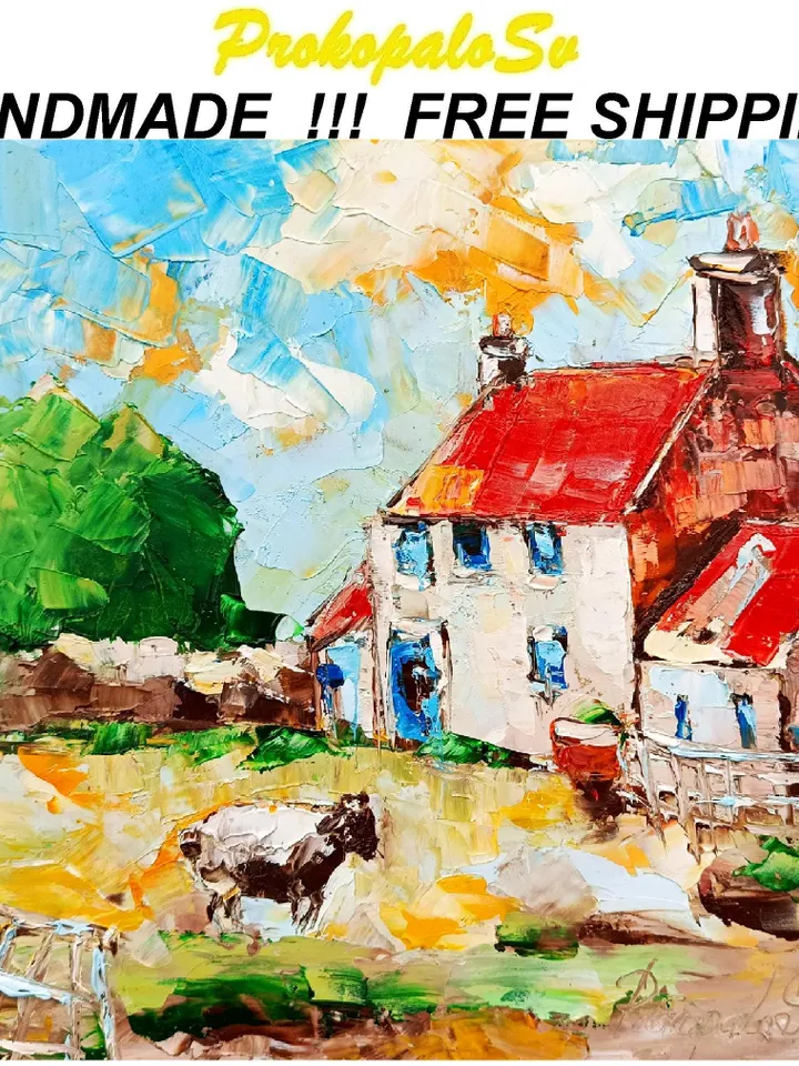 Ireland Painting Cottage Original Art Abstract Landscape Impasto Oil Painting Small Cheap Original Art Gifts by ArtProkopaloSv