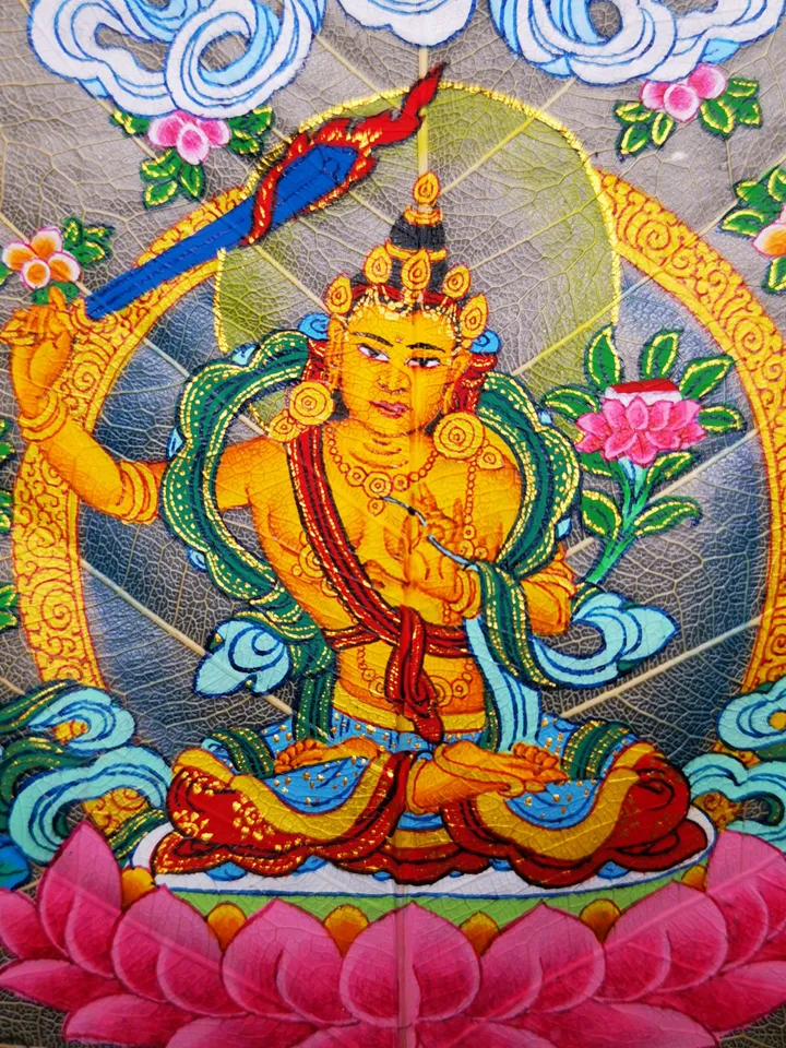 Gandhanra Handpainted Bodhi Leaf Thangka,Packed in Wooden Picture Frame,Painted with Natural Mineral Pigments,Manjusri Thangka
