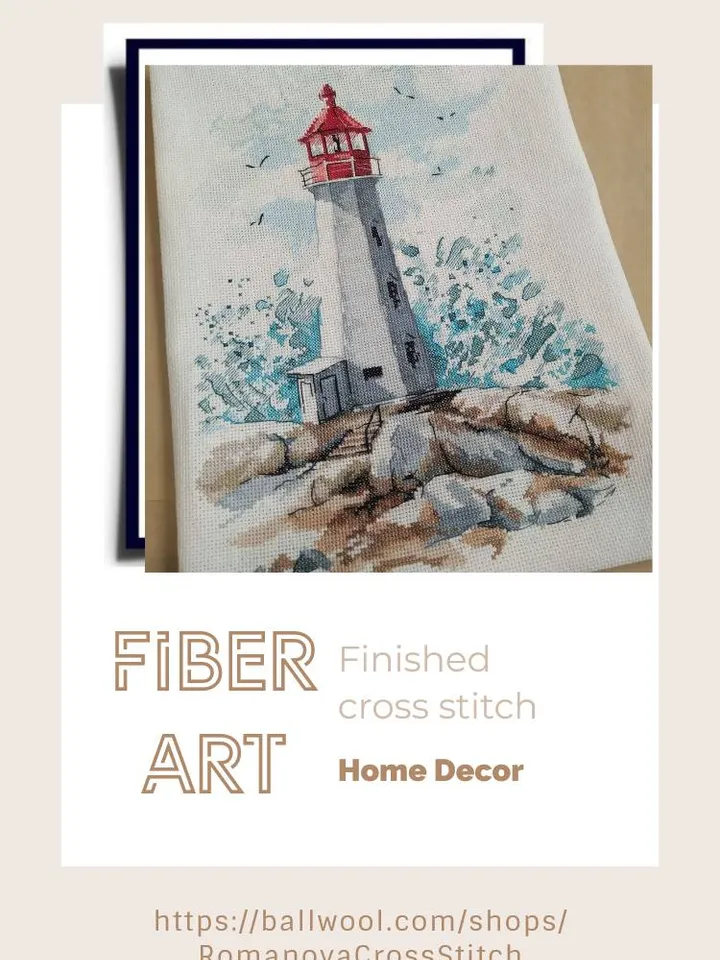 Handmade Lighthouse and Wave painting, Coastal wall art, for home decor, finished cross stitch