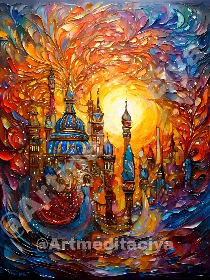 Digital abstract 3d textured modern painting "Oriental fairy tale, 1001 nights". An image of a girl's texture in an abstract colorful city with minarets against a background of moonlight in the style of oil painting with a palette knife
