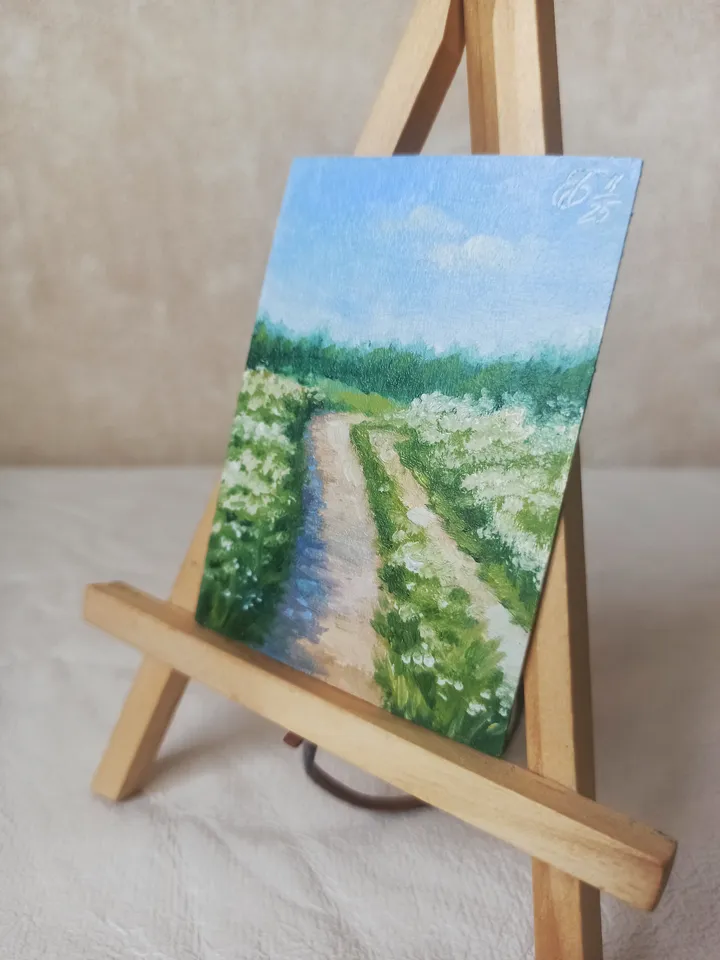 Original oil painting ACEO, Road in a field with white flowers, Summer countryside landscape, Collection card 2,5x3,5 in