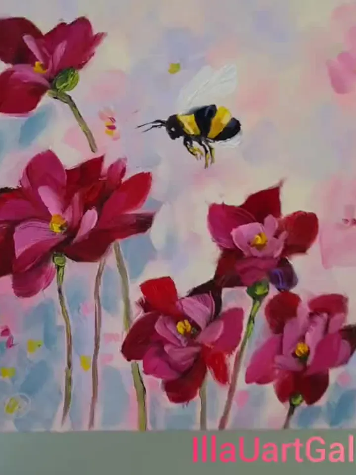 Pink aster flowers bright floral wall art butterfly painting