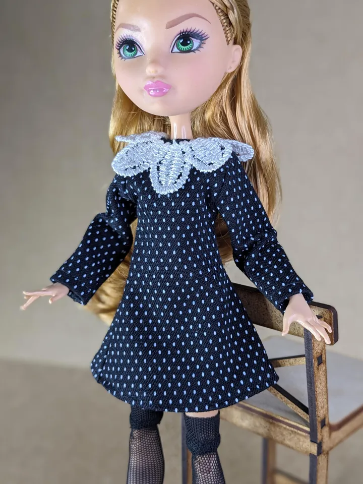 Handmade polka dot black mini dress for 10.5-inch female dolls (MH, EAH)