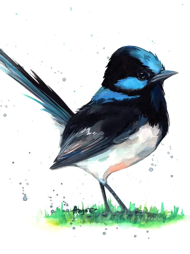 Blue fairy wren original watercolor, bird on the branch painting, colibri portrait room decor, 8x11 in wall art for bird lovers handmade by Anne Gorywine