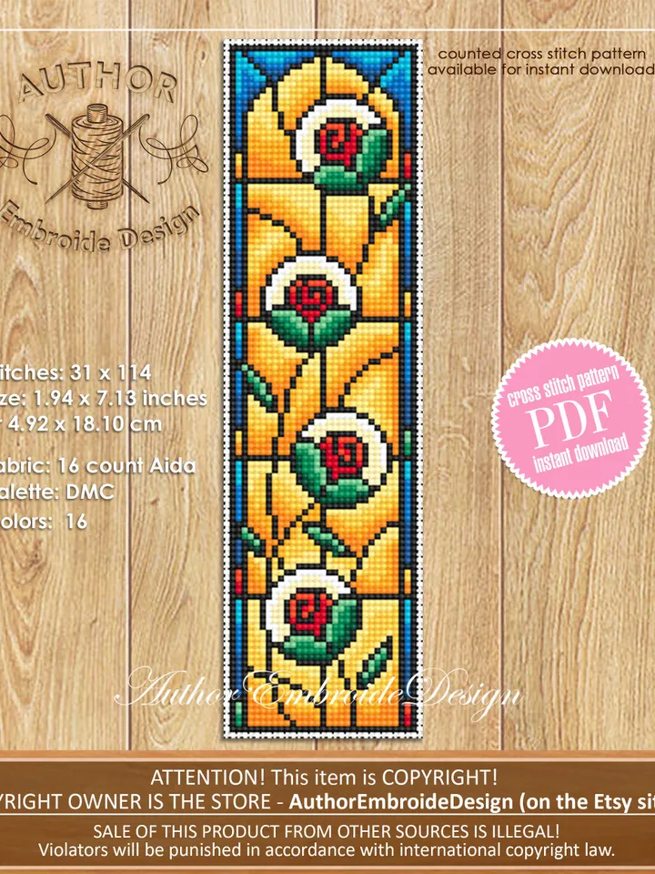 Stained glass bookmark cross stitch pattern PDF download Stained glass flower cross stitch chart, Modern bookmark pattern digital PDF #B295