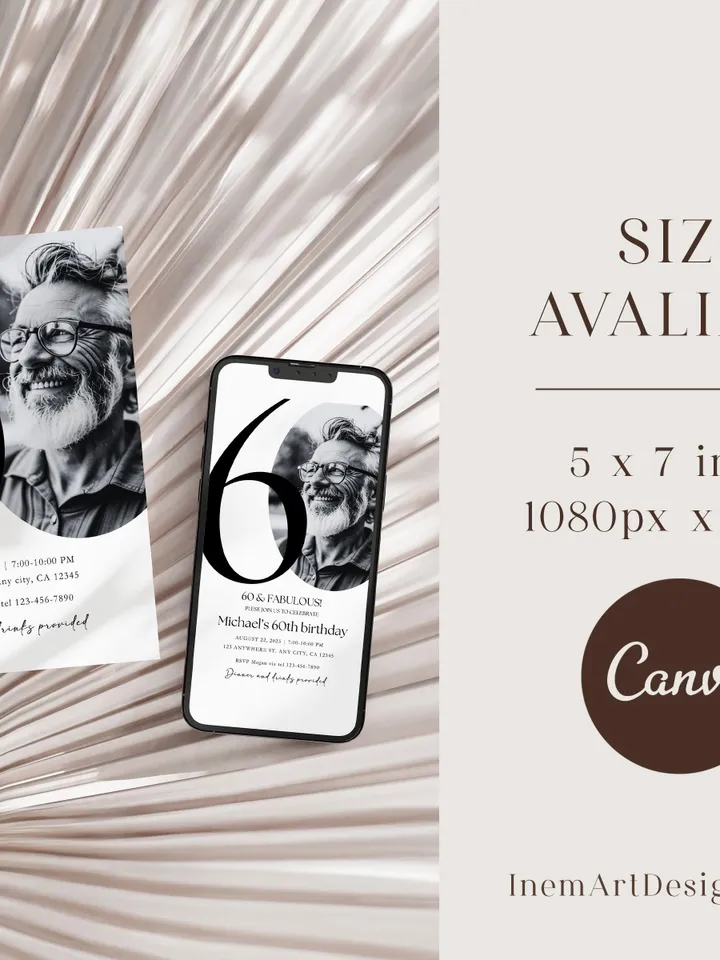 60th Birthday Party Invitation Card, Look Who's 60, Editable 60th Birthday Card Template, Printable Minimalist Birthday Photo Card Canva